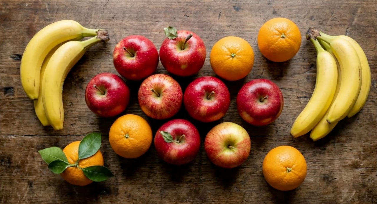 Bananas, apples, and oranges arranged on a wooden table.